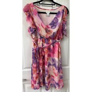 MotherHood Maternity XL pink purple floral dress with belt knee length
